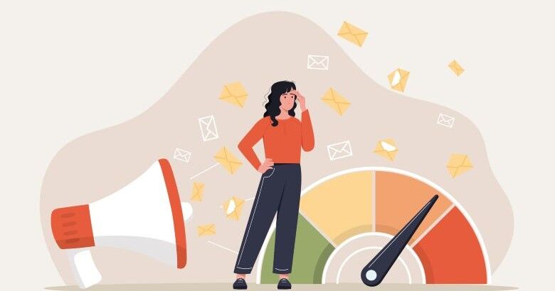 A woman with a confused expression is surrounded by flying envelopes, a megaphone, and a rating meter